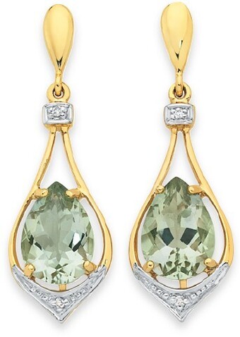 9ct gold green amethyst & diamond teardrop stud earrings