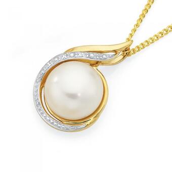Goldmark 9ct gold cultured fresh water pearl & diamond swirl pendant offer