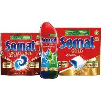 IGA Somat excellence 4-in-1 dishwashing tablets 15 pack, somat gold 2-in- 1 dishwashing tablets 25 pack, somat excellence duo pow offer