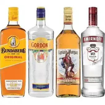 IGA Bundaberg u.p rum, gordons gin, captain morgan spiced gold or smirnoff vodka red label 1 litre offer