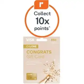Woolworths $50 onlyone visa or visa gift cards - includes visa green, congrats, birthday, gaming, petrol, travel, explore offer