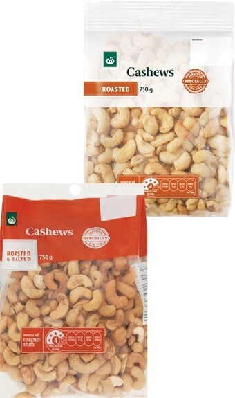 Woolworths roasted or roasted & salted cashews 750g pack – mix of local and imported product