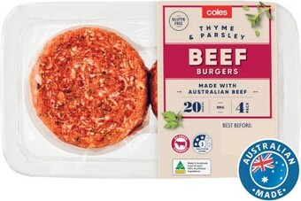 Coles Coles beef, thyme & parsley burgers 500g offer