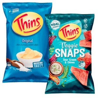 Coles Thins potato chips 150g-175g or veggie snaps 120g offer