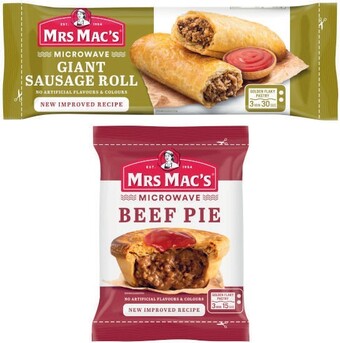 Coles Mrs mac’s microwaveable frozen beef pie or sausage roll 175g offer