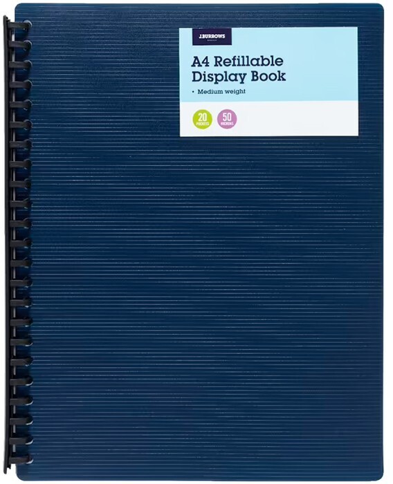 J.burrows a4 20 pocket refillable display book navy offer at Officeworks