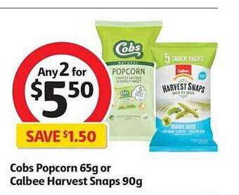 Coles Cobs popcorn 65g or calbee harvest snaps 90g offer