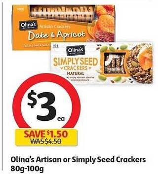 Coles Olina's artisan or simply seed crackers 80g-100g offer
