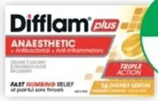 Difflam Plus Anaesthetic Sore Throat Honey & Lemon Sugar Free 16 Lozenges