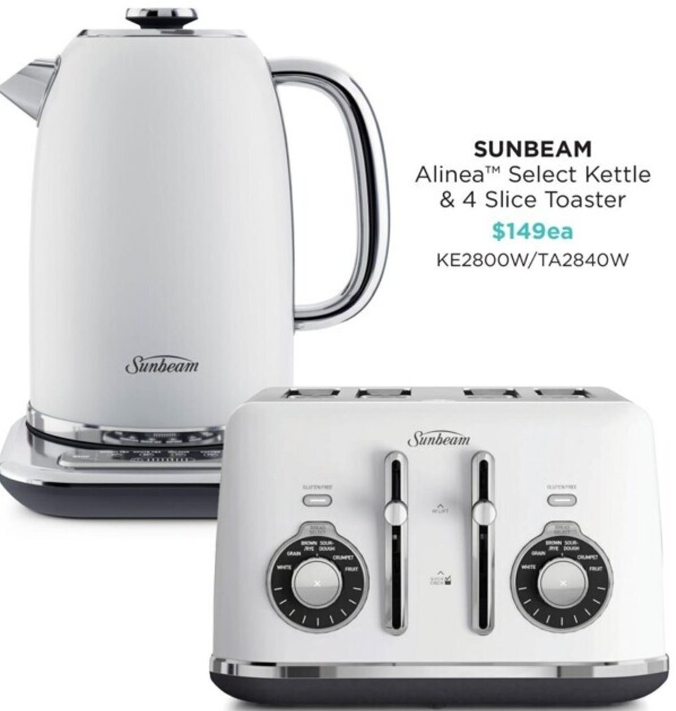 Sunbeam Alinea Select Kettle & 4 Slice Toaster offer at Bing Lee
