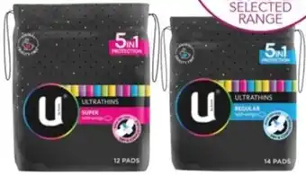 U by Kotex Pads Ultra Thin with Wings Super 12 pack or Pads Ultra Thin with Wing Regular 14 pack