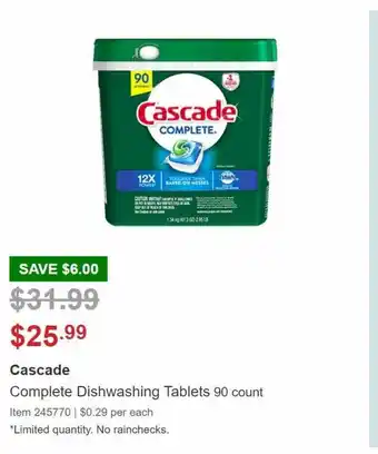 Costco Cascade complete dishwashing tablets offer