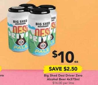 Drakes Big shed desi driver zero alcohol beer 4x375ml offer