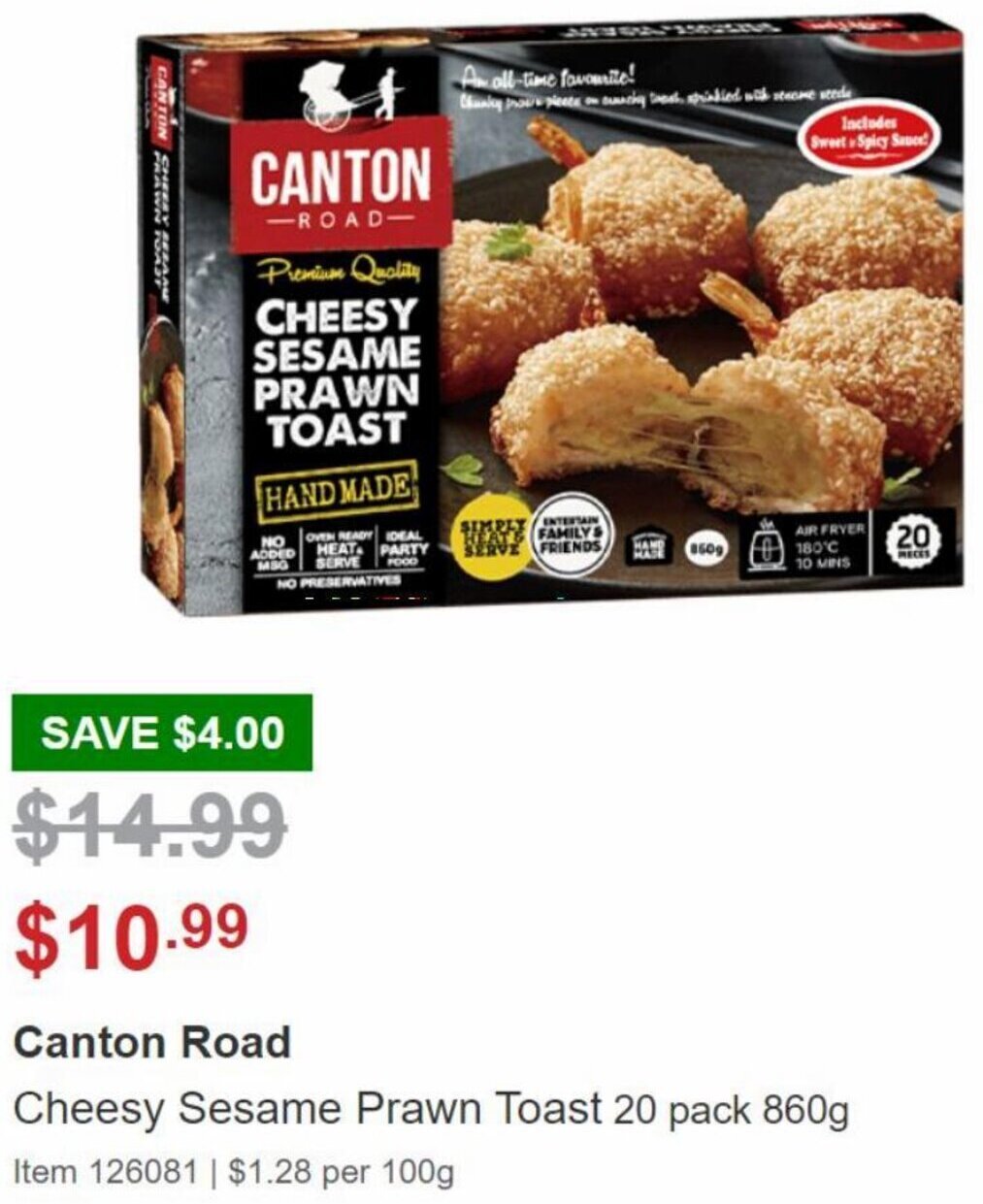 Canton Road Cheesy Sesame Prawn Toast 20 Pack 860g offer at Costco