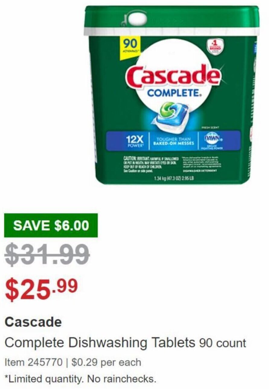 Cascade Complete Dishwashing Tablets 90 Count offer at Costco