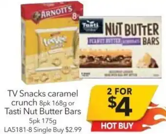 Cheap as Chips TV Snacks Caramel Crunch 168g, Tasti Nut Butter Bars 175g offer