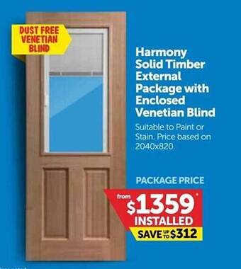 Doors Plus Harmony solid timber external package with enclosed venetian blind offer