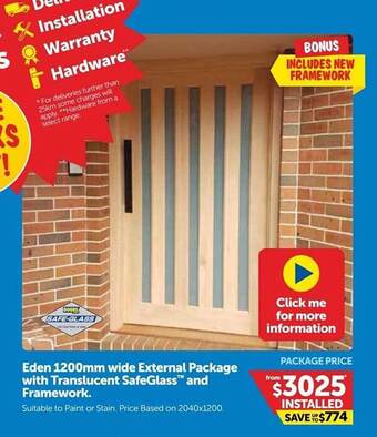 Eden 1200mm wide external package with translucent safeglass and framework