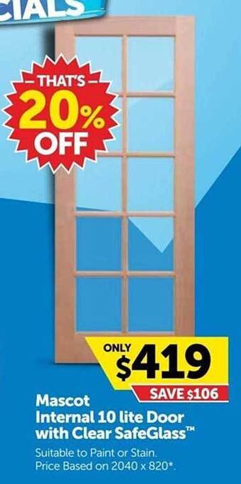 Doors Plus Mascot internal 10 lite door with clear safeglass offer