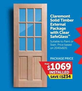 Doors Plus Claremont solid timber external package with clear safeglass offer