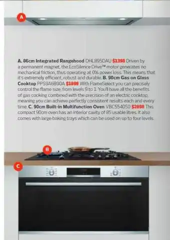 Retravision 86cm integrated rangehood dhl895dau 90cm gas on glass cooktop pps9a6b90a 90cm built-in multufunction oven vbc5540s0 offer