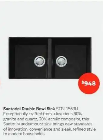 Retravision Santorini double bowl sink stbl1563u offer