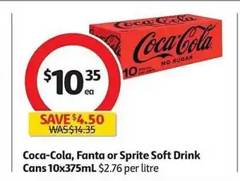 Coles Coca-cola, fanta or sprite soft drink cans 10x375ml offer