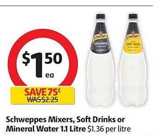 Coles Schweppes mixers, soft drinks or mineral water 1.1 litre offer