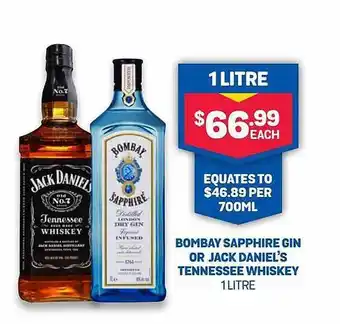 Bottlemart Bombay sapphire gin or jack daniel's tennesee whiskey offer