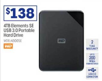 Officeworks Wd 4tb elements se usb 3.0 portable hard drive offer