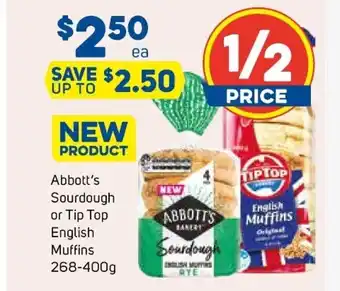 Foodland Abbott's Sourdough or Tip Top English Muffins 268-400g offer