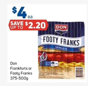 Foodland Don Frankfurts or Footy Franks 375-500g offer