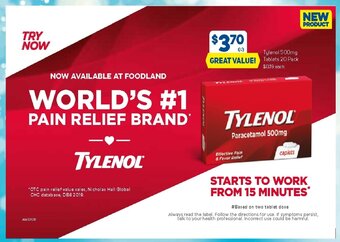 Foodland Tylenol 500mg Tablets 20 Pack offer
