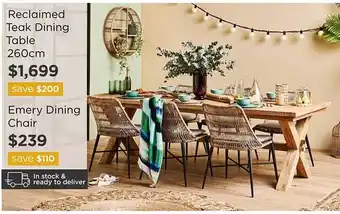 Reclaimed teak dining table, emery dining chair