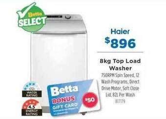 Betta Haier 8kg top load washer offer