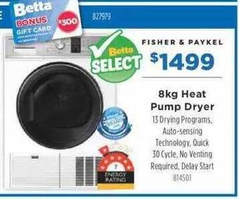 Betta Fisher & paykel 8kg heat pump dryer offer