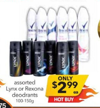 Cheap as Chips Assorted Lynx or Rexona Deodorants 100g-150g offer