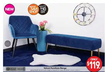Cheap as Chips Velvet Look Accent Tub Chair or Bench in Navy or Silver offer