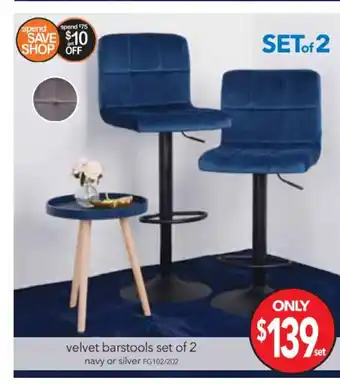 Cheap as Chips Velvet Barstools Set of 2 Navy or Silver offer