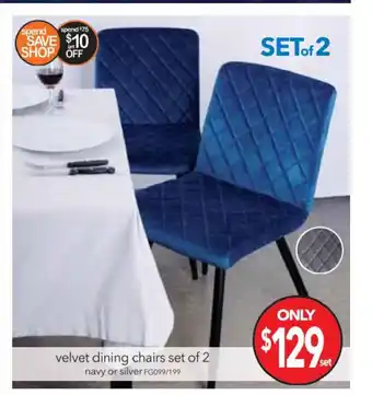 Velvet Dining Chairs Set of 2 Navy or Silver