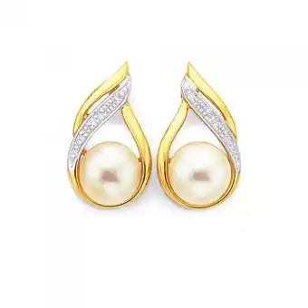 Prouds 9ct gold cultured fresh water pearl & diamond swirl stud earrings offer