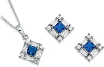 Prouds Sterling silver square dark blue & cubic zirconia baguette earrings and pendant set offer