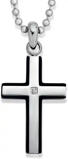 Prouds Stainless steel black edge cubic zirconia cross gents offer