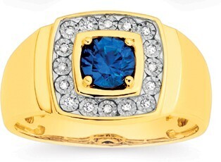 Prouds 9ct gold diamond & created sapphire gents ring offer