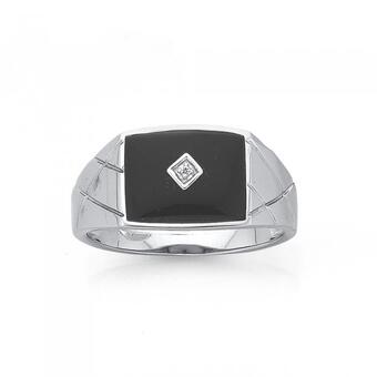 Prouds Sterling silver cubic zirconia on rectangular black agate criss cross gents ring offer