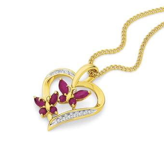 Angus & Coote 9ct gold natural ruby & diamond butterfly heart pendant offer
