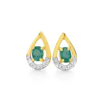 Angus & Coote 9ct gold emerald & diamond teardrop stud earrings offer