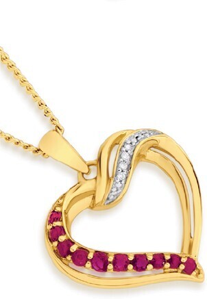 Angus & Coote 9ct gold ruby & diamond open heart pendant offer