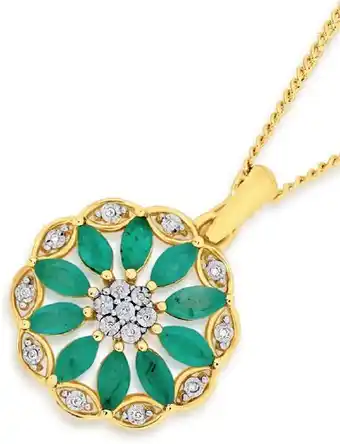 Angus & Coote 9ct gold emerald & diamond wreath flower pendant offer
