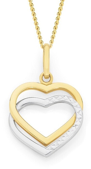 Angus & Coote 9ct gold two tone double heart pendant offer